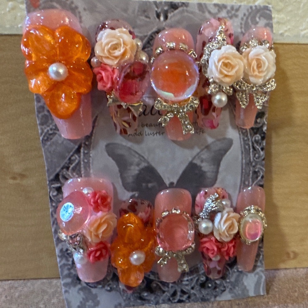 3D Floral Press On Nails Pink Orange Long Coffin Embellished Pearl Bow Manicure